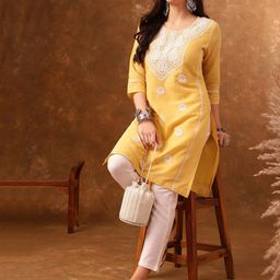 Anouk Yellow Ethnic Motifs Embroidered Pure Cotton Straight Kurta-image-64