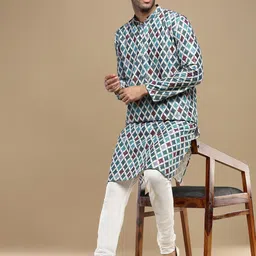 Anouk Teal Green Geometric Printed Sequinned Mandarin Collar Cotton Straight Kurta-picture-53