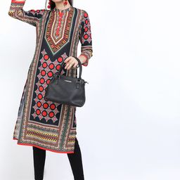 Vishudh Women Black & Orange Geometric Printed Kurta-picture-51