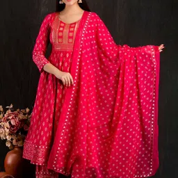 D K W Ethnic Motifs Printed Sequinned Detailed Anarkali Kurta & Trouser With Dupatta image 5