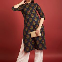 all about you Floral Printed Zari Cotton Mandarin Collar A-Line Kurta-picture-7