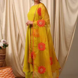 Inddus Mustard Yellow Layered Thread Work Flared Anarkali Kurta With Trousers & Dupatta image 2