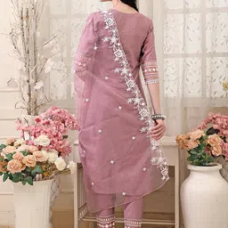 KALINI Floral Embroidered Thread Work Chanderi Cotton Kurta with Trousers & With Dupatta image 5