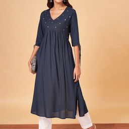 YU by Pantaloons V-Neck Thread Work Detailed Empire Straight Kurta-picture-13