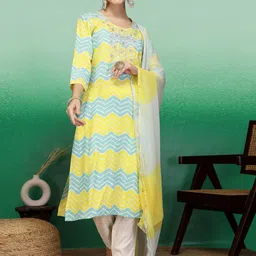 Sangria Yellow Lehariya Printed Thread Work Straight Kurta With Trouser & Dupatta Set image 5