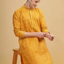 Anouk Yellow Ethnic Embroidered Mandarin Collar Sequinned Lucknowi Cotton Straight Kurta-image-76