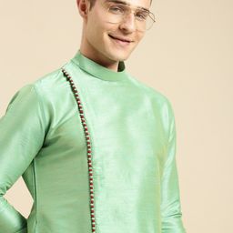 Sanwara Men Green Solid Designer Art Silk Thread Work Kurta-picture-5