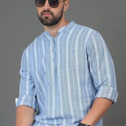 HERE&NOW Blue & White Striped Printed Mandarin Collar Cotton Straight Kurta-20