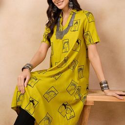 Anouk Mustard Yellow Ethnic Motifs Printed Shirt Collar A-Line Kurta-58