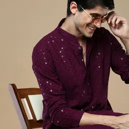 Anouk Purple Ethnic Motifs Woven Design Mandarin Collar Mirror Work Chikankari Kurta-image-37