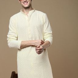 Anouk Off White Ethnic Motifs Woven Design Mandarin Collar Thread Work Chikankari Kurta-image-91