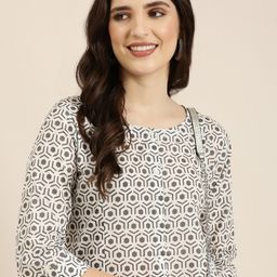 SHOWOFF Geometric Printed Thread Work Kurta-17