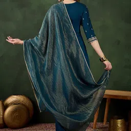 Sangria Teal Floral Embroidered Regular Anarkali Kurta With Trouser With Dupatta image 4