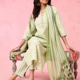 Anouk Lime Green Floral Printed V-Neck Pure Cotton Straight Kurta with Trousers & Dupatta-31