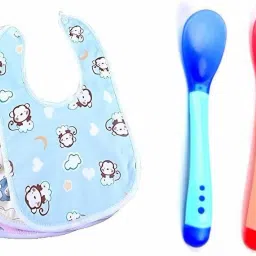 2 Baby Feeding Bibs with 2 Silicone Spoon | Baby Apron | BPA Free Feeding Spoon-image-1