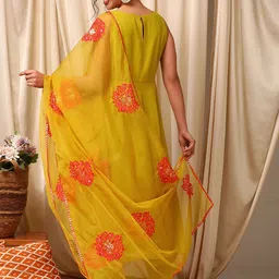 Inddus Mustard Yellow Layered Thread Work Flared Anarkali Kurta With Trousers & Dupatta image 4