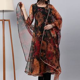 KALINI Women Black Floral Printed Anarkali Kurta With Trousers & Dupatta-picture-13