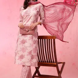 Anouk Pink Floral Printed Notched Neck Pure Cotton Straight Kurta with Trousers & Dupatta-50