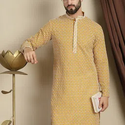 Anouk Mustard Yellow Geometric Embroidered Mandarin Collar Pure Cotton Straight Kurta-picture-1
