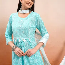 Vishudh Blue Floral Printed Thread Work Pure Cotton A-Line Kurta With Trousers & Dupatta-picture-2
