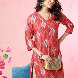 Anouk Fuchsia Ethnic Motifs Printed V-Neck Chanderi Silk Straight Kurta-0