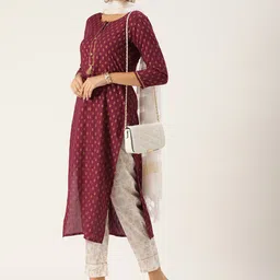 HERE&NOW Women Maroon Ethnic Printed Kurta with Trousers & With Dupatta-picture-3