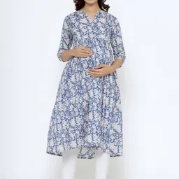 CRAFIQA Women Blue & White Floral Printed Maternity & Nursing Cotton Anarkali Kurta-image-56