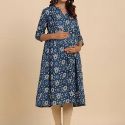 CRAFIQA Floral Printed Indigo Mandarin Collar Pure Cotton Maternity Kurta-image-66