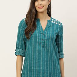 all about you Women Blue Striped Pure Cotton Regular Top-58
