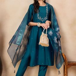 Anouk Blue Floral Yoke Design Thread Work Chanderi Silk Kurta With Trousers & Dupatta-image-91