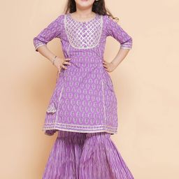 Bitiya by Bhama Girls Ethnic Motifs Printed Gotta Patti Pure Cotton Kurta With Sharara-picture-27