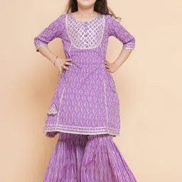 Bitiya by Bhama Girls Ethnic Motifs Printed Gotta Patti Pure Cotton Kurta With Sharara-image-61
