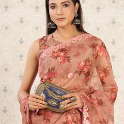 Ode by House of Pataudi Coffee Brown & Pink Floral Mirror Work Organza Saree-picture-16