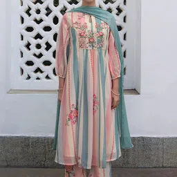 Janasya Floral Embroidered Keyhole Neck Thread Work Kurta with Trousers & Dupatta-23
