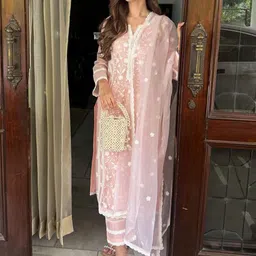 Bought First Floral Embroidered Notch Neck Organza Straight Kurta With Trousers & Dupatta-36