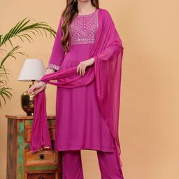 NEW4U Floral Embroidered Regular Sequinned Straight Kurta With Palazzos & Dupatta-image-45