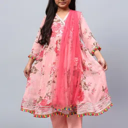 BAESD Girls Floral Printed Gotta Patti Silk Georgette A-Line Kurta With Palazzos & Dupatta-image-58