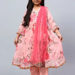 BAESD Girls Floral Printed V-Neck Angrakha Gotta Patti Kurta with Palazzos & With Dupatta-image-40