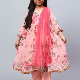 BAESD Girls Floral Printed V-Neck Angrakha Gotta Patti Kurta with Palazzos & With Dupatta-10
