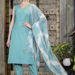Stylum Striped Woven Design V-Neck Beads and Stones Straight Kurta With Trousers & Dupatta-picture-2