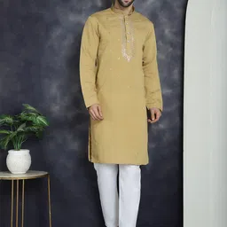 Anouk Yellow Floral Embroidered Mandarin Collar Regular Thread Work Kurta with Pyjamas-picture-16