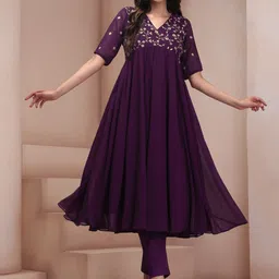 Inddus Mauve Floral Embroidered Georgette Anarkali Kurta with Trousers-picture-56