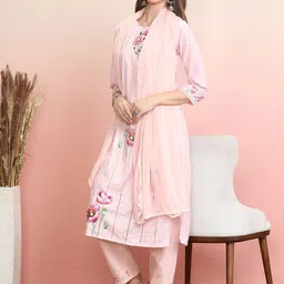 Indo Era Floral Embroidered Thread Work Pure Cotton Kurta with Trousers & Dupatta-picture-51