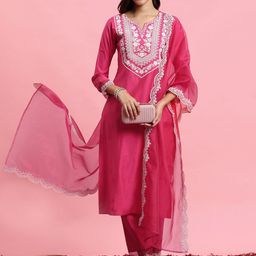 Indo Era Floral Embroidered Yoke Design Kurta With Trousers & Dupatta-image-53