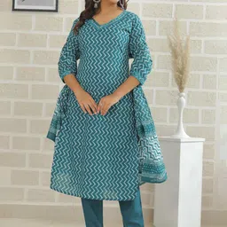 KALINI Women Ethnic Motifs Printed Regular Pure Cotton Kurta with Trousers & With Dupatta-19