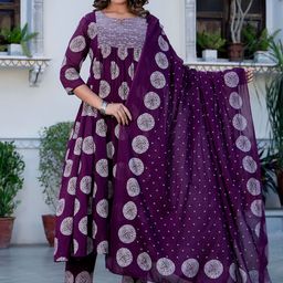 RAABA Bandhani Printed Notch Neck Thread Work Pure Cotton Anarkali Kurta Set-image-77