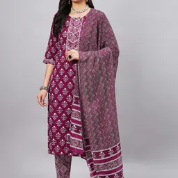 WineRed Floral Printed Gotta Patti Pure Cotton Kurta With Palazzos & Dupatta-picture-34