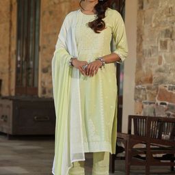 Juniper Ethnic Motifs Printed Round Neck Sequinned Kurta with Trousers & With Dupatta-8