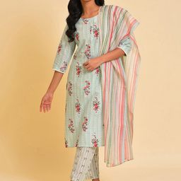 W Floral Print Cotton Kurta With Straight Pant & Dupatta-28