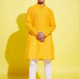 VASTRAMAY Boys Yellow Striped Self Design Pure Cotton Kurta with Pyjamas-33